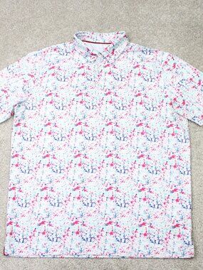 Maelreg Performance Polo Shirt Mens Large Blue/Pink Paint Splatter Stretch S/S